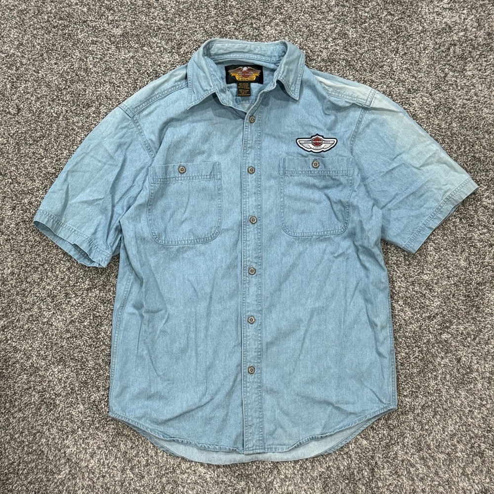 VTG Harley-Davidson 100th Anniversary Denim Shirt Mens S Blue Short Sleeve 2003 - Picture 1 of 6